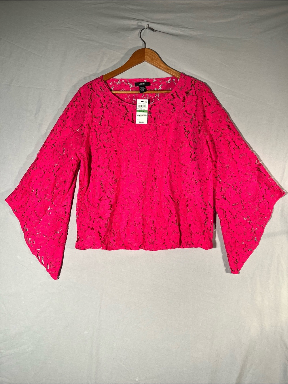 Alfani Hot Pink Lace Bell-Sleeve Bubble Blouse -Size Large NWT